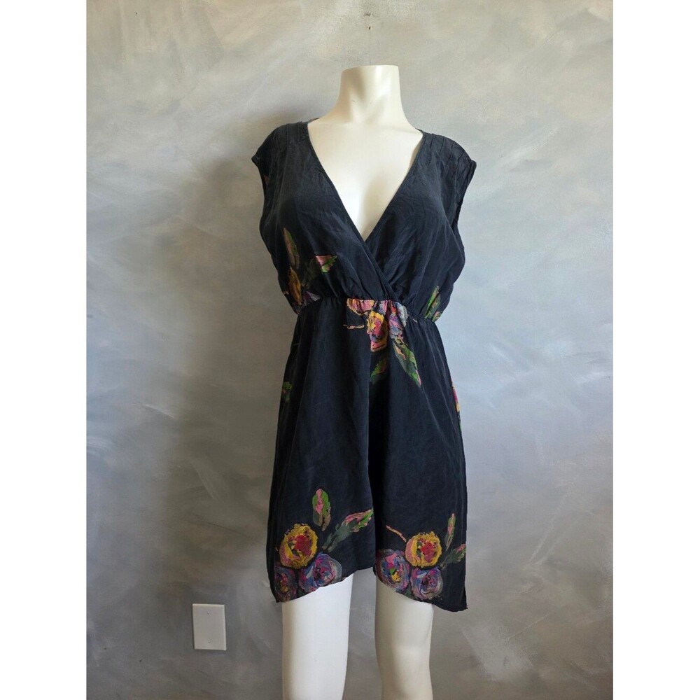 Petticoat Alley Black Mini Silk Floral Print Dress Sz S Deep V Neckline